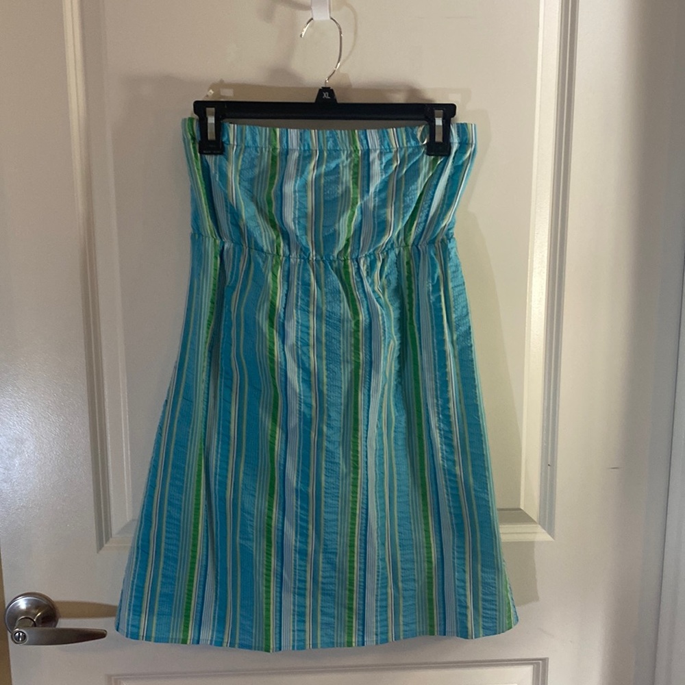Like New Blue and Green Striped Strapless Dress